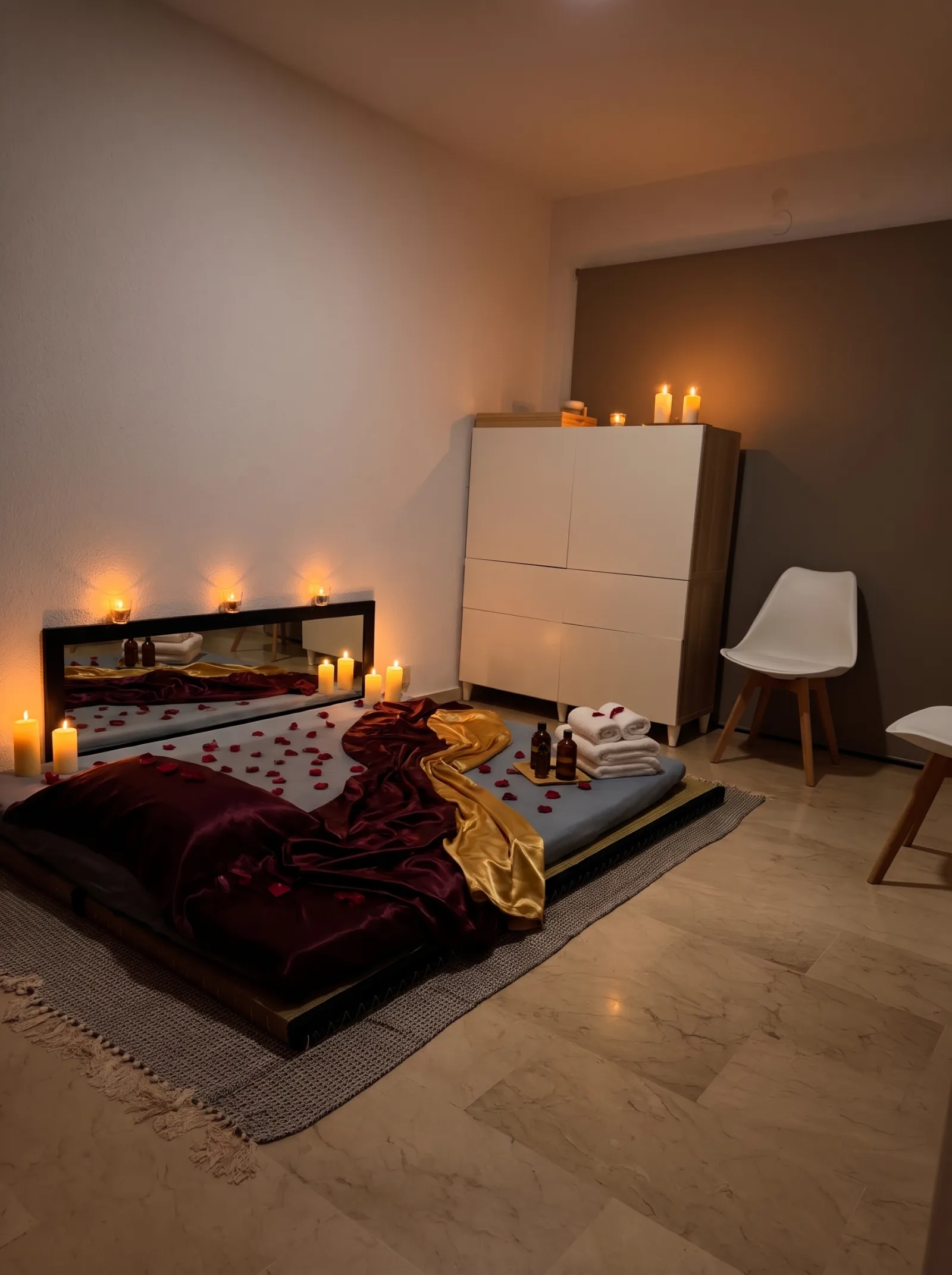 Áurea Tantra 的 Sala Ámbar：榻榻米上的床垫、矮镜和白色柜子，烛光与玫瑰花瓣。